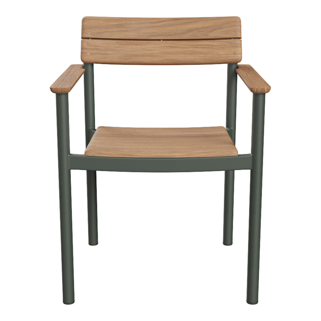 Wooden chair with a natural oak seat and armrests, complemented by a matte dark green metal frame.