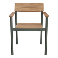 Wooden chair with a natural oak seat and armrests, complemented by a matte dark green metal frame.