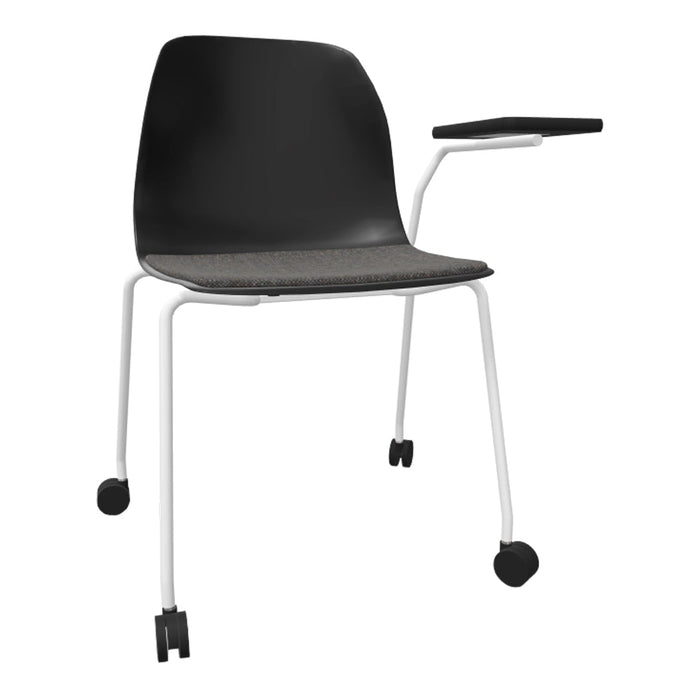 Pelican 08 Chair - Left Fixed Tablet - 4 Leg, White Lacquered Metal w/ Casters - Seat Upholstered