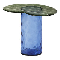 Stylish blue glass base with a textured green patterned top for a contemporary decor accent.