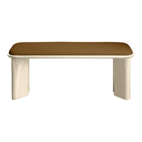 Brown upholstered top with cream-colored legs, featuring a sleek and modern design. Ideal for contemporary decor.