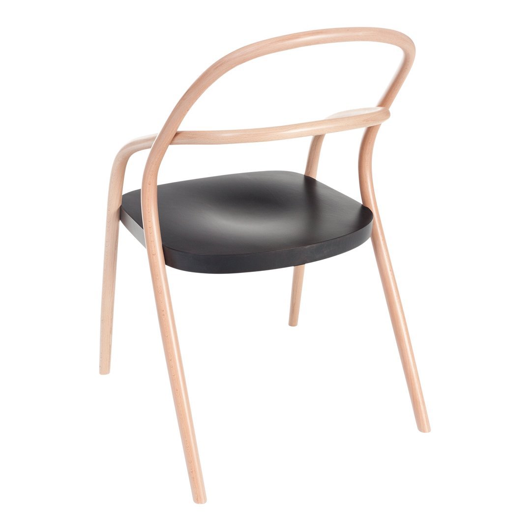 Modern chair with a light wood frame and sleek black seat, featuring a minimalistic design and smooth curves.