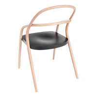 Modern chair with a light wood frame and sleek black seat, featuring a minimalistic design and smooth curves.