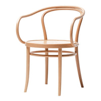 Natural wood chair with curved armrests, featuring a smooth, light beige finish and simple, elegant design.