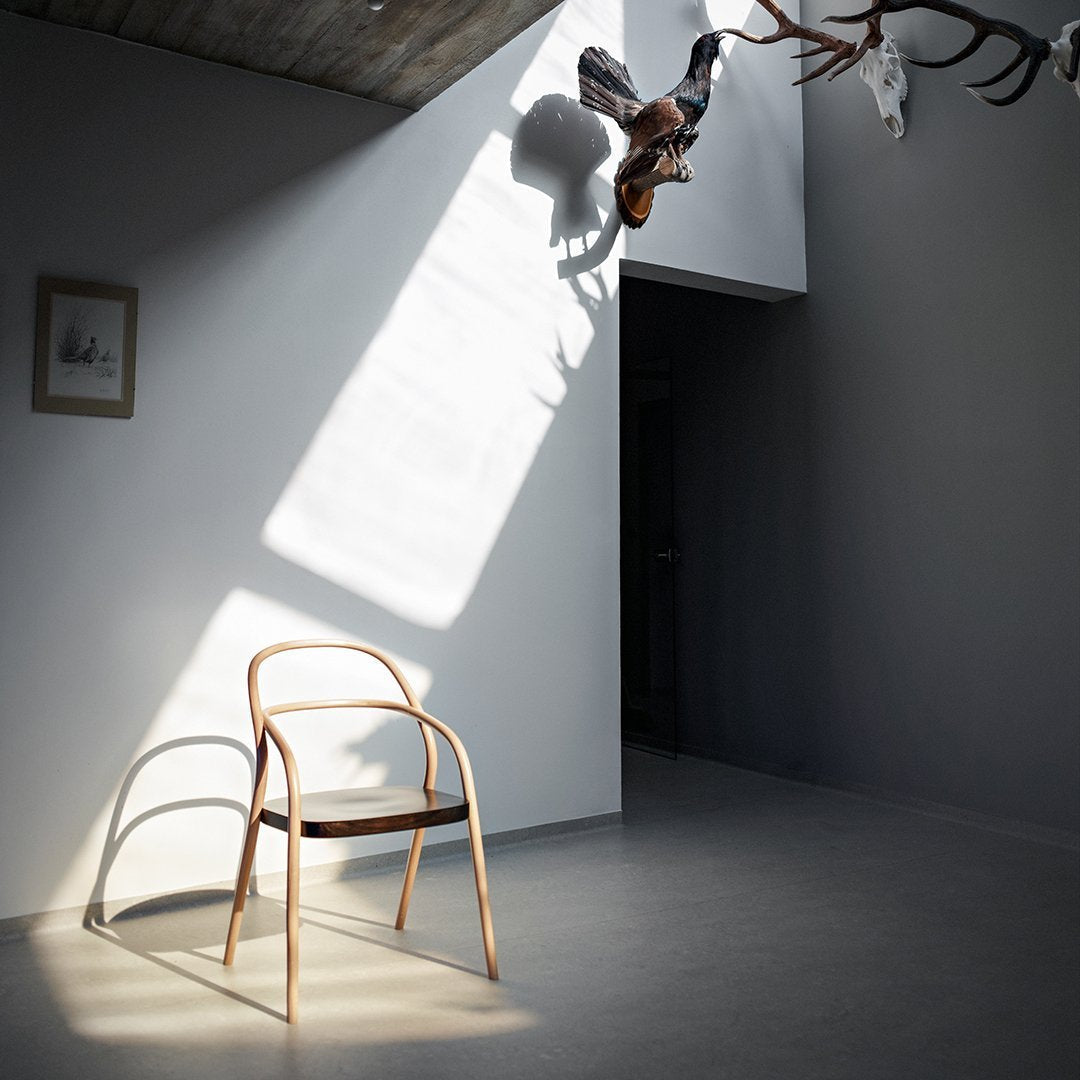 Minimalist wooden chair with a natural finish, casting soft shadows in a bright, neutral-toned room.