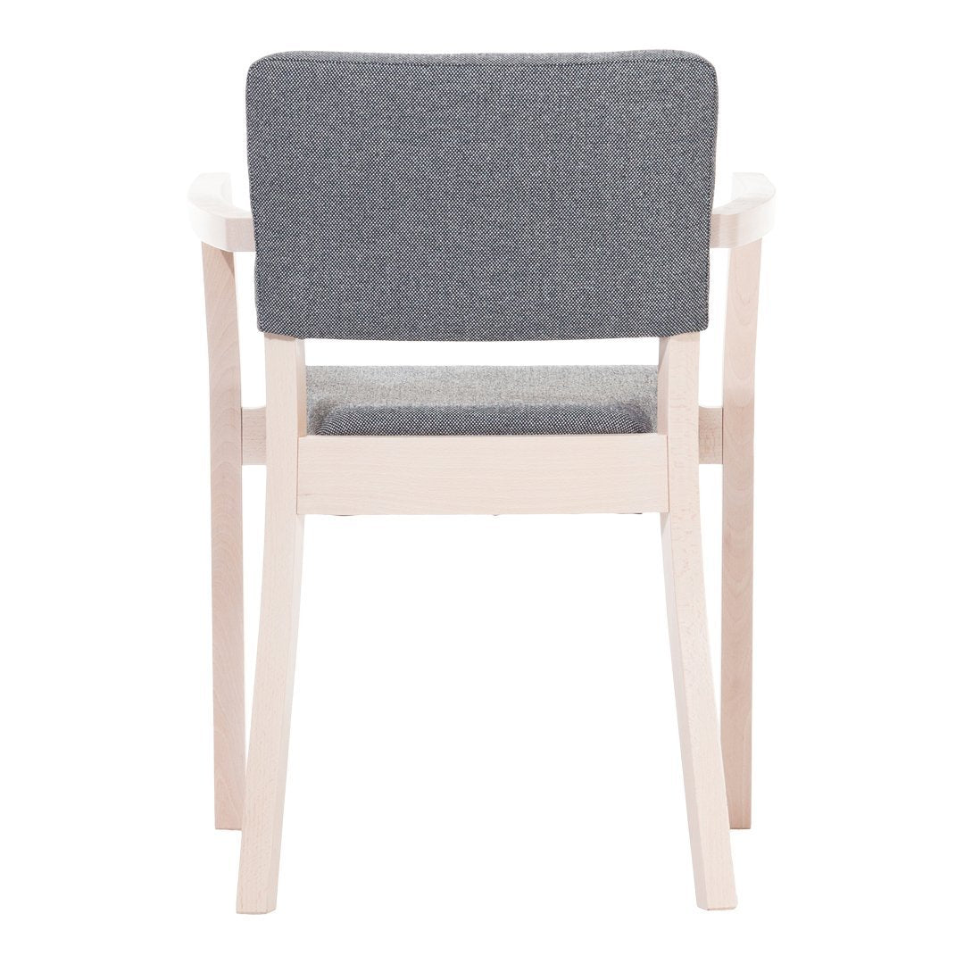 Gray upholstery with a textured finish on a light wood frame, showcasing minimalist design and modern aesthetics.
