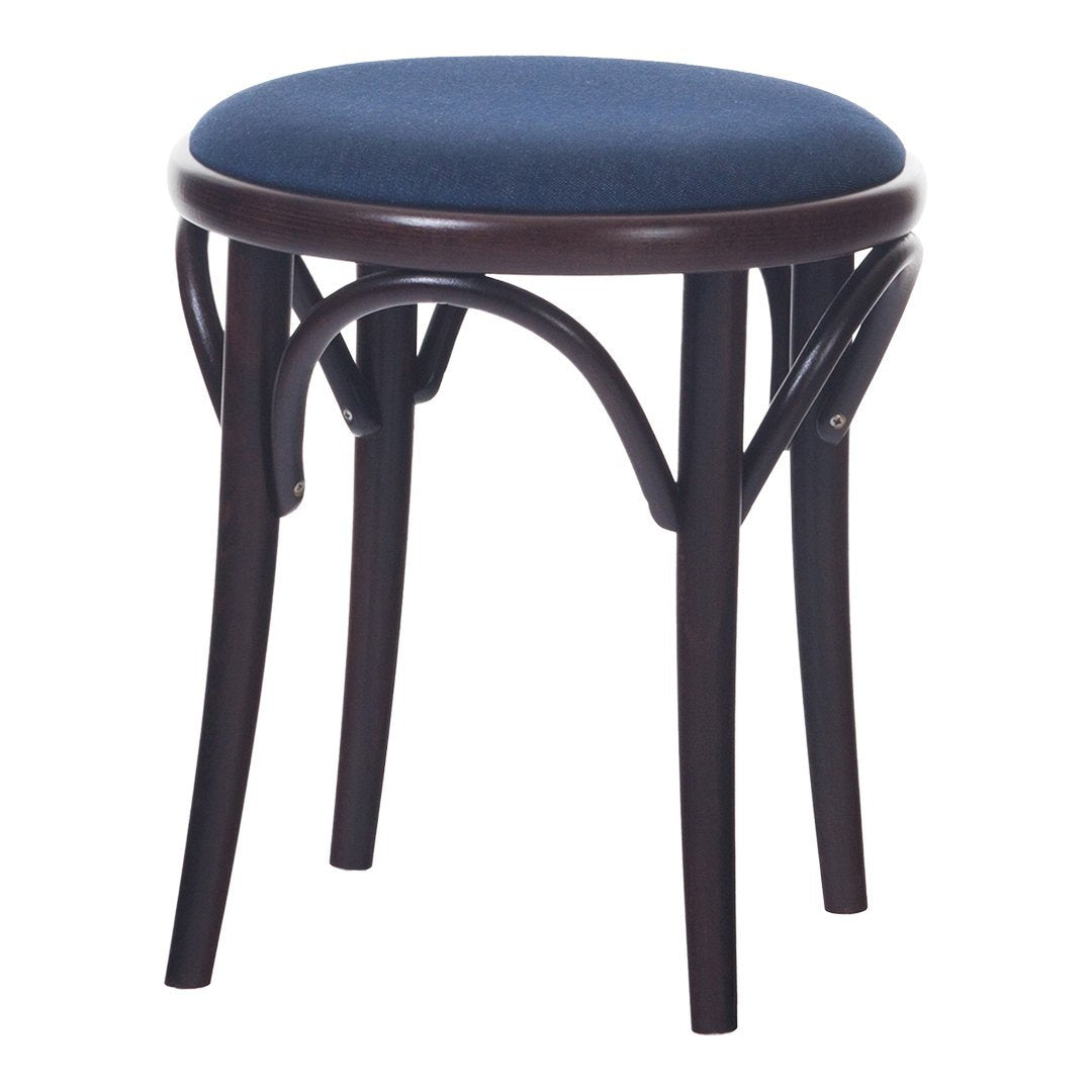 Navy blue upholstered round stool with dark wood curved legs. Elegant and modern design perfect for any space.