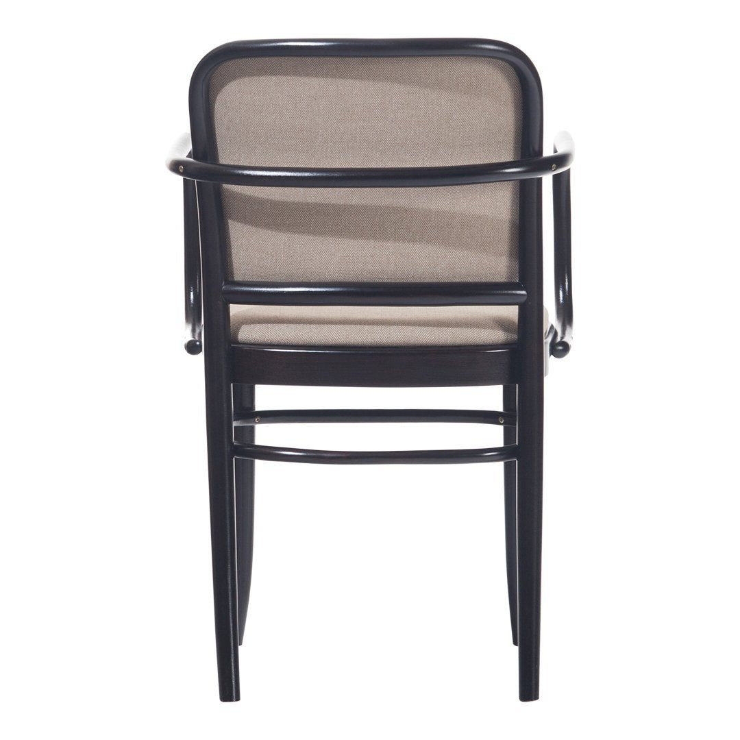 Black wooden chair with a beige woven fabric seat, featuring a simple, modern design. Ideal for contemporary spaces.
