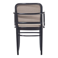 Black wooden chair with a beige woven fabric seat, featuring a simple, modern design. Ideal for contemporary spaces.
