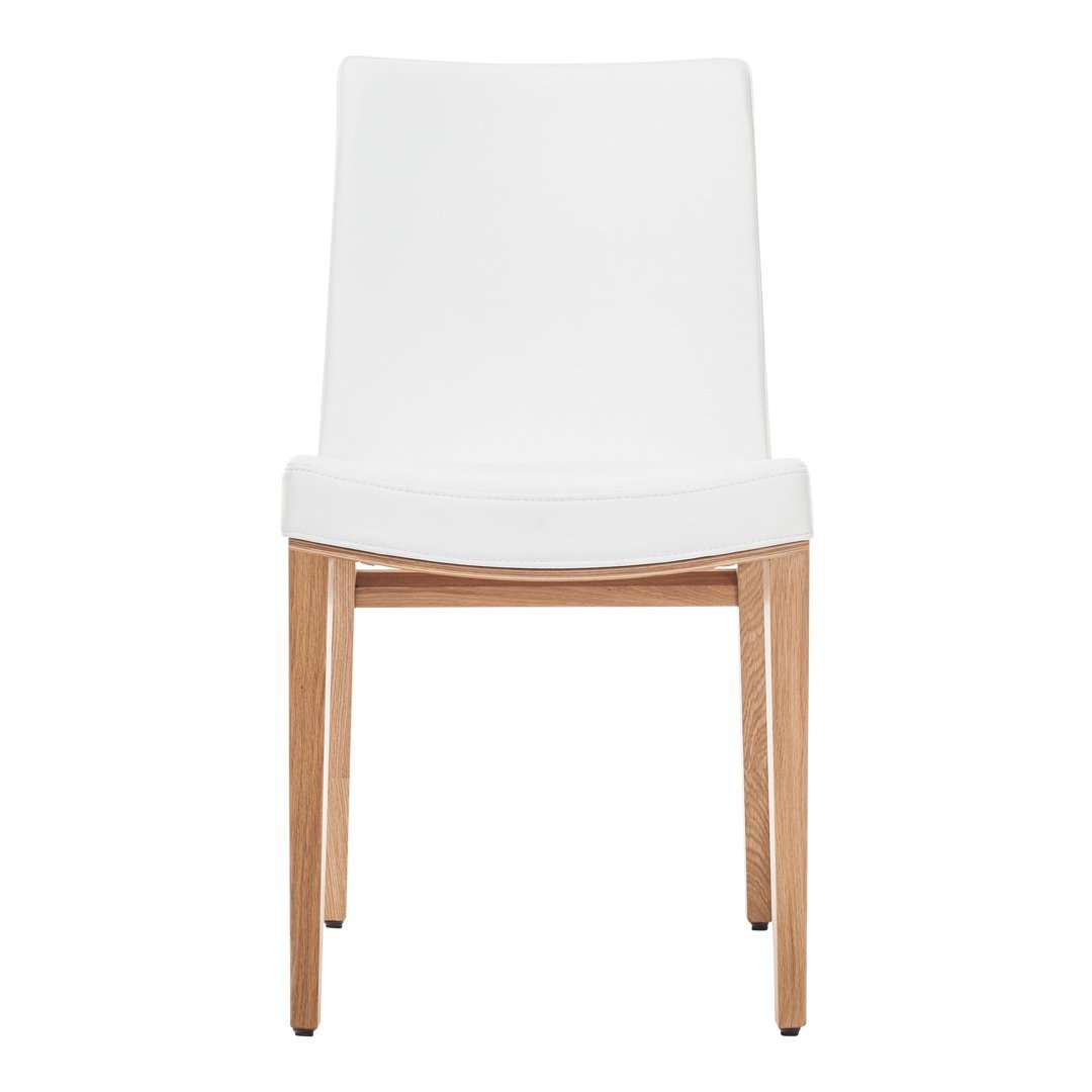 Sleek white chair with a smooth surface and natural wood legs, perfect for modern decor.