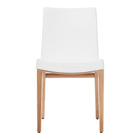 Sleek white chair with a smooth surface and natural wood legs, perfect for modern decor.