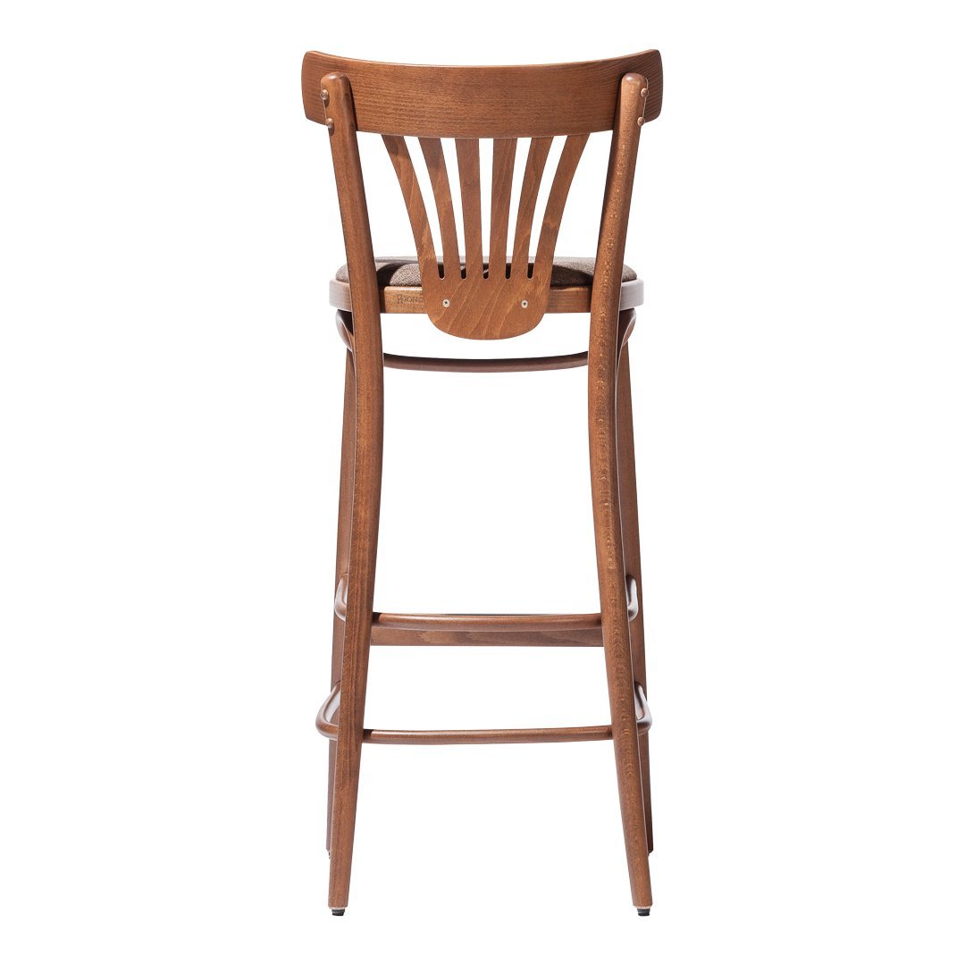 Wooden high chair with a warm brown finish and simple slatted back design. Minimalist, classic style.