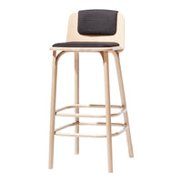 Natural wood barstool with a sleek black cushion and clean lines, perfect for modern decor.