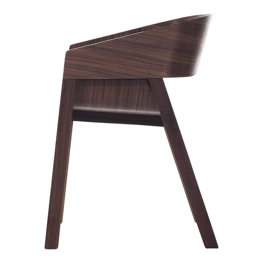 Stylish wooden chair with a rich walnut finish and smooth, warm tones. Modern design with sleek, curved lines.
