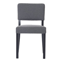 Gray upholstered chair with a simple, modern design and sleek black wooden legs. Perfect for stylish interiors.