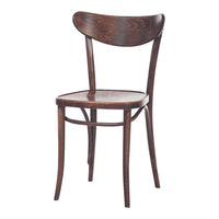 "Dark brown wooden chair with a smooth finish and curved backrest, showcasing a classic minimalist design."