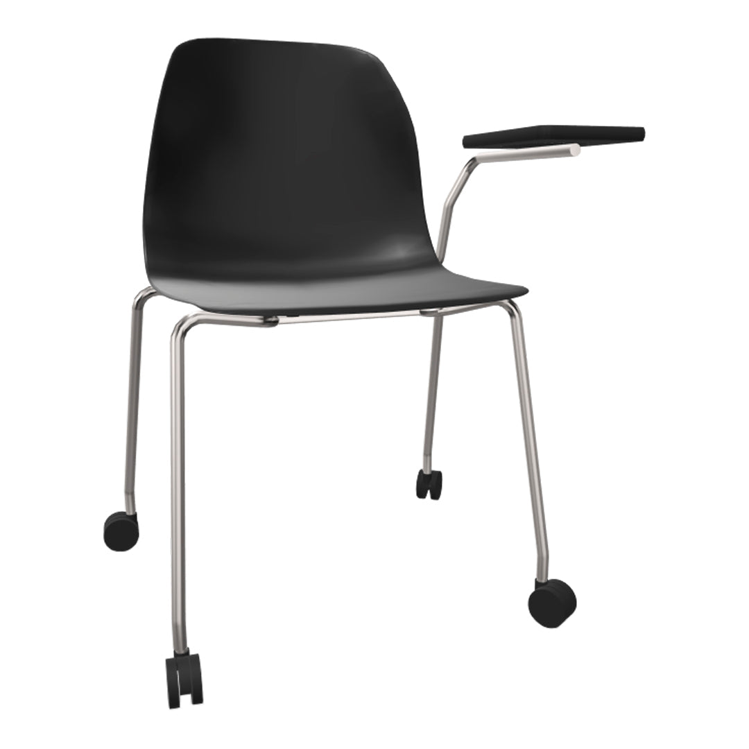 Black rolling chair with sleek, curved design and silver metal legs, featuring a small attached writing surface.