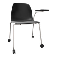 Black rolling chair with sleek, curved design and silver metal legs, featuring a small attached writing surface.