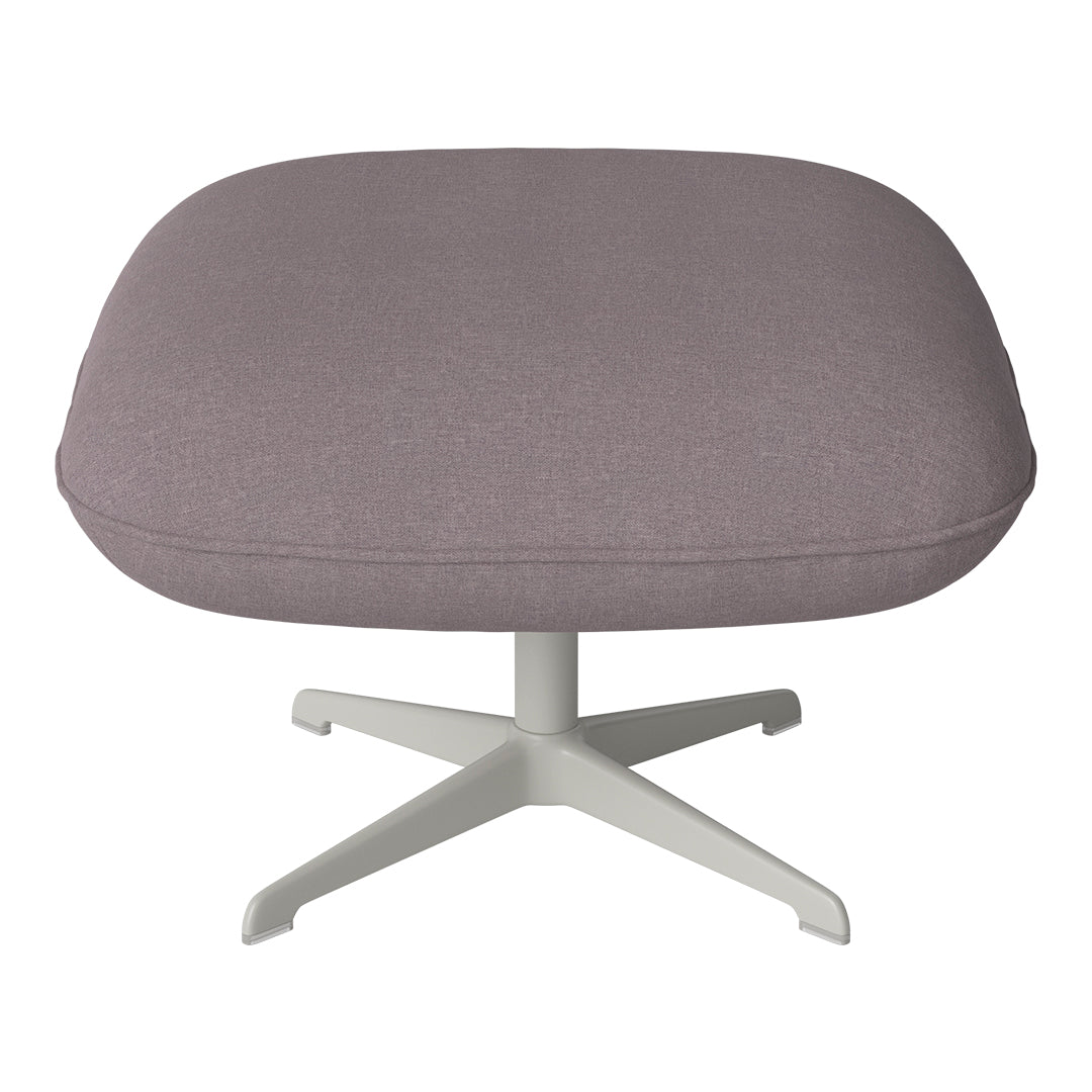 Gray upholstered ottoman with a smooth texture and minimalist white base, perfect for modern decor.