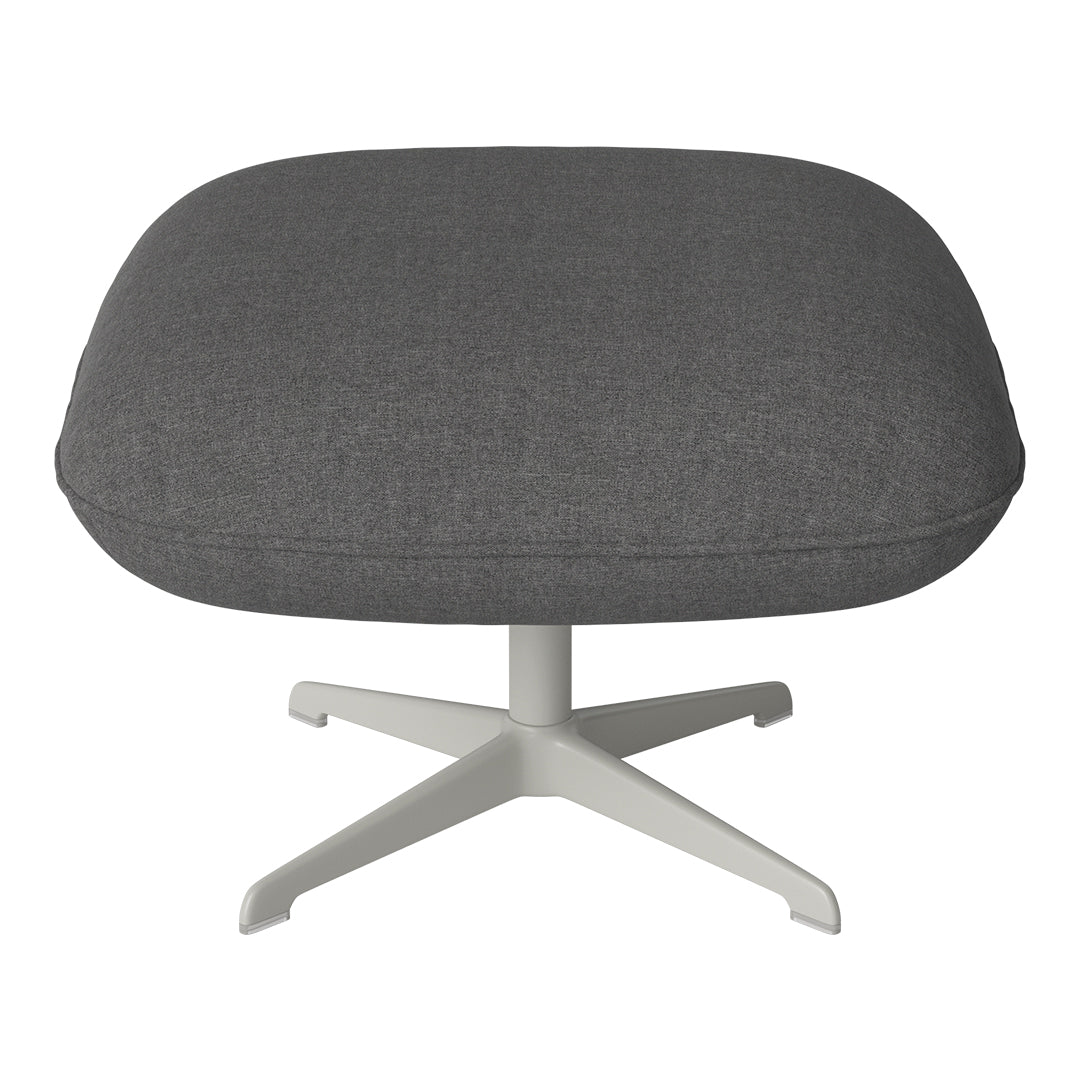 Gray upholstered ottoman with a modern design featuring a subtle textured pattern and a sleek white base.