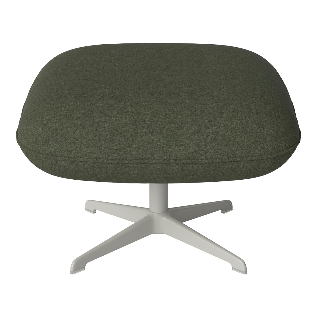 Olive green upholstered ottoman with a smooth texture and a white four-point base. Perfect for modern decor.