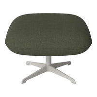 Olive green upholstered ottoman with a smooth texture and a white four-point base. Perfect for modern decor.