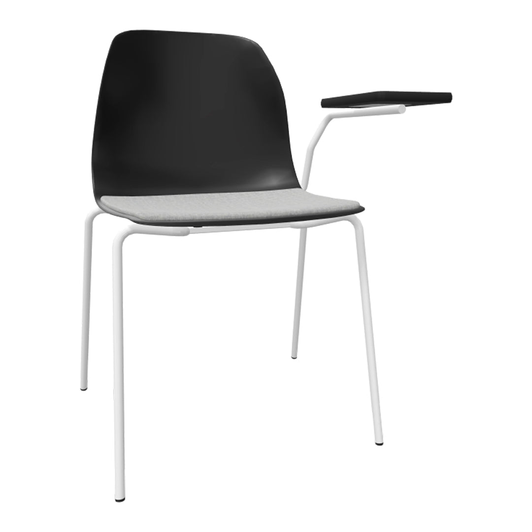 Black and gray chair with a sleek white frame and an attached armrest, featuring a modern minimalist design.
