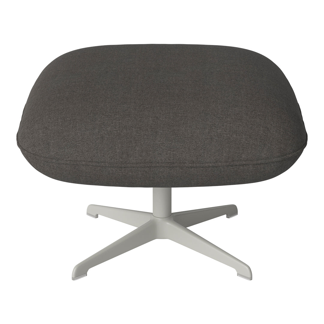 Gray upholstered ottoman with a textured finish and a sleek white base. Stylish and modern home decor accent.