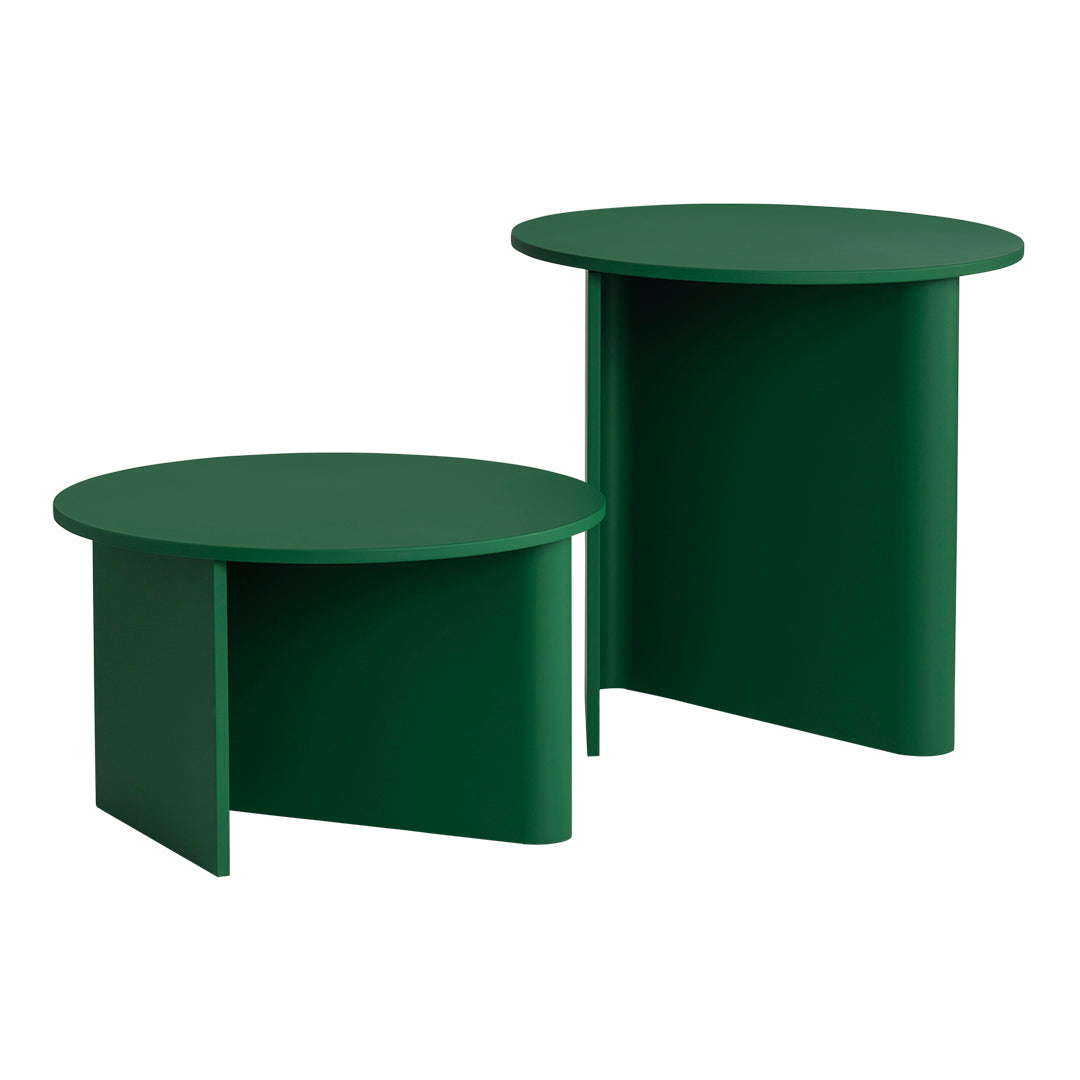 Set of two round green side tables with a sleek, modern design and smooth matte finish. Ideal for contemporary decor.