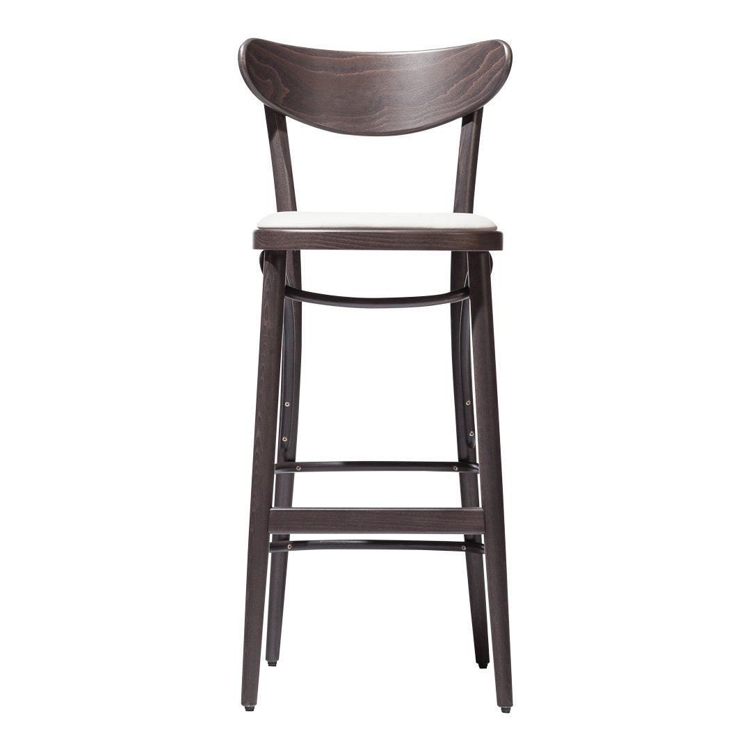 Dark wood bar stool with a simple design and a light-colored cushion seat, showcasing a modern, minimalist style.