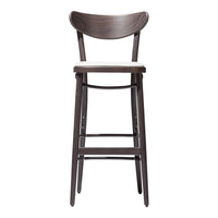Dark wood bar stool with a simple design and a light-colored cushion seat, showcasing a modern, minimalist style.