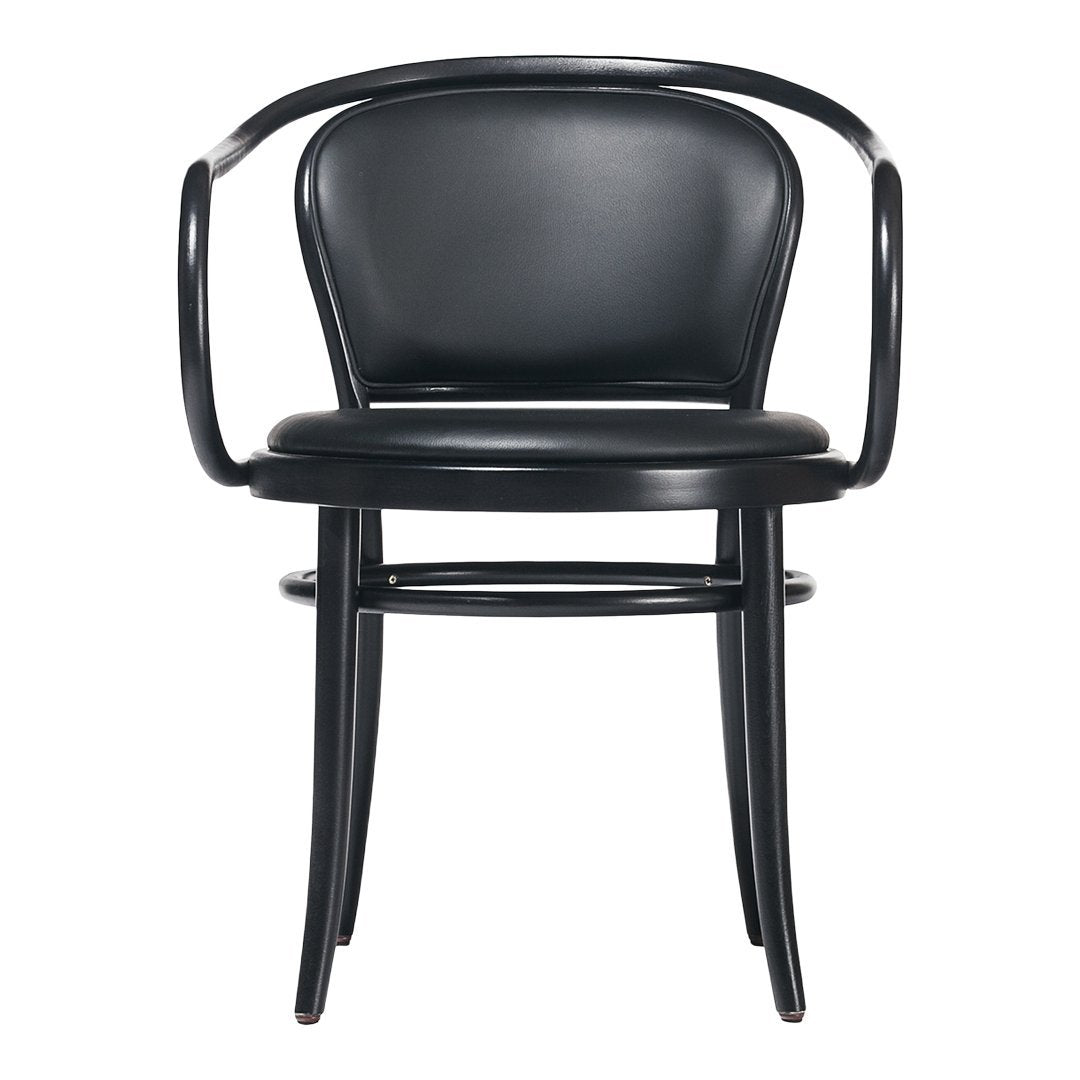 Black curved-back chair with sleek lines and minimalistic design, perfect for modern decor.