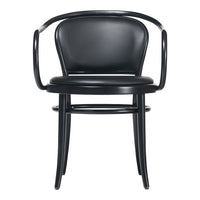 Black curved-back chair with sleek lines and minimalistic design, perfect for modern decor.