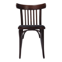 Dark wood dining chair with vertical slat design and upholstered black seat, showcasing a minimalist style.