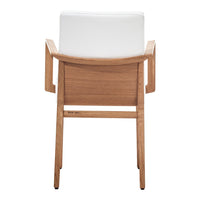 Back view of a modern chair featuring a sleek white seat and a warm wood frame.