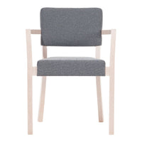 Gray upholstered chair with a smooth finish and natural wood accents, featuring a minimalist design and clean lines.