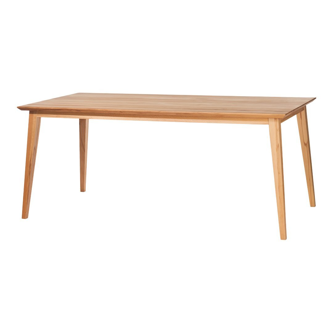 Light brown wooden dining table with a smooth, natural finish and tapered legs, showcasing a minimalist design.