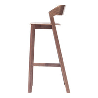Walnut bar stool with a smooth, natural wood finish and minimalistic design, featuring sleek lines and angles.