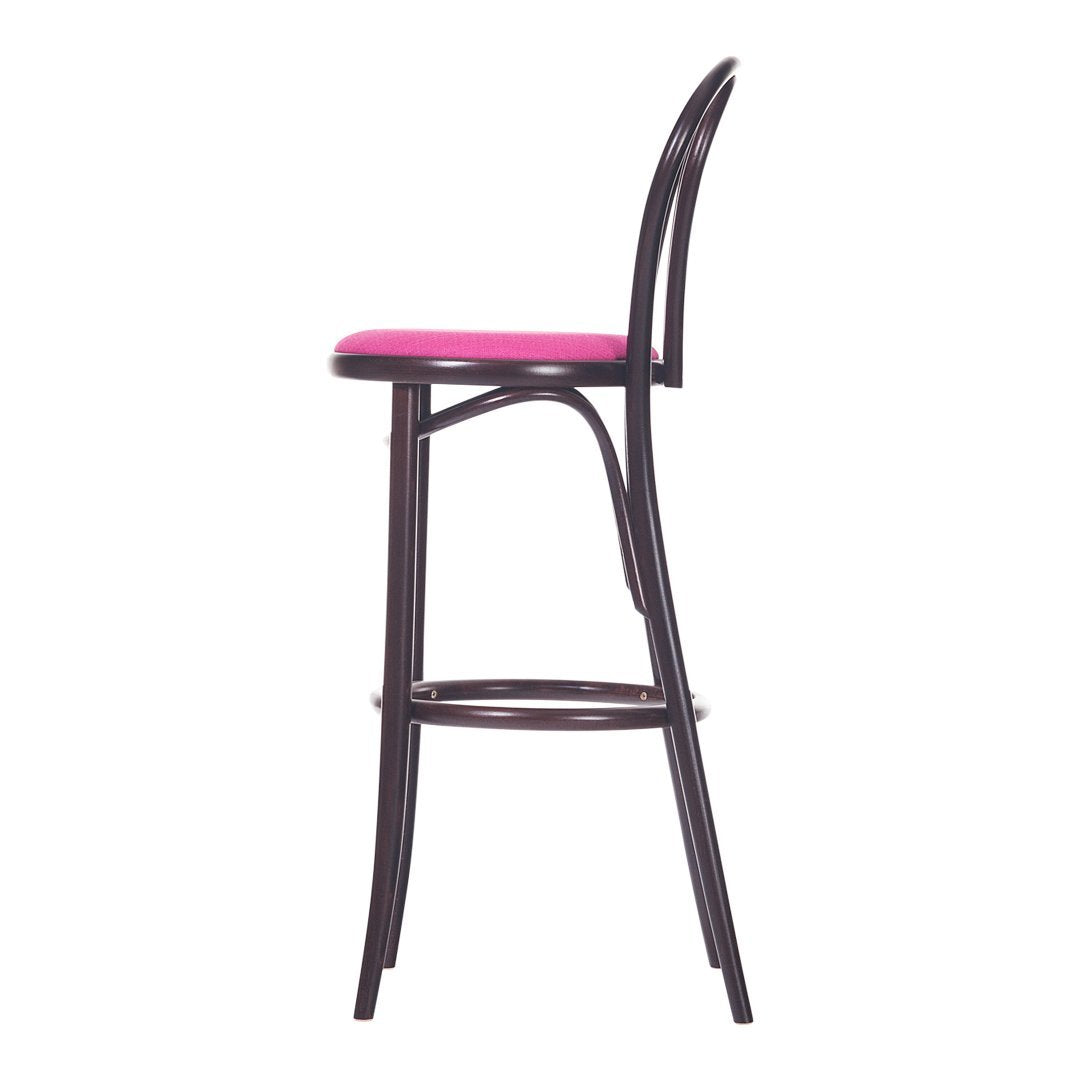 "Stylish bar stool with a sleek black frame and vibrant pink cushion, perfect for modern interiors."