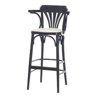 Black wooden bar stool with a sleek design and a light beige cushion seat, featuring elegant curved patterns.