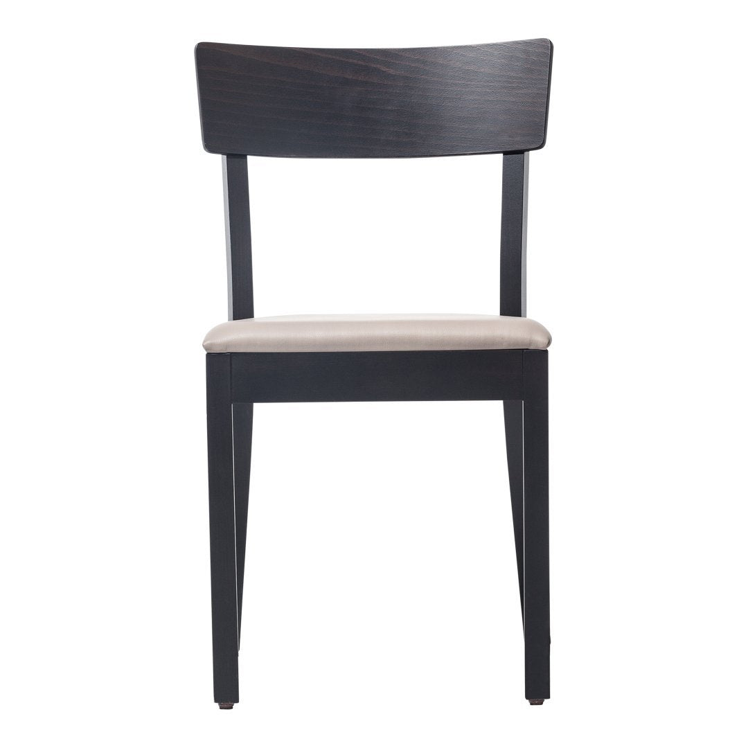 Black wooden chair with a beige cushioned seat, featuring a sleek and minimalist design.