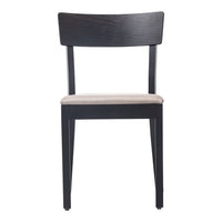 Black wooden chair with a beige cushioned seat, featuring a sleek and minimalist design.
