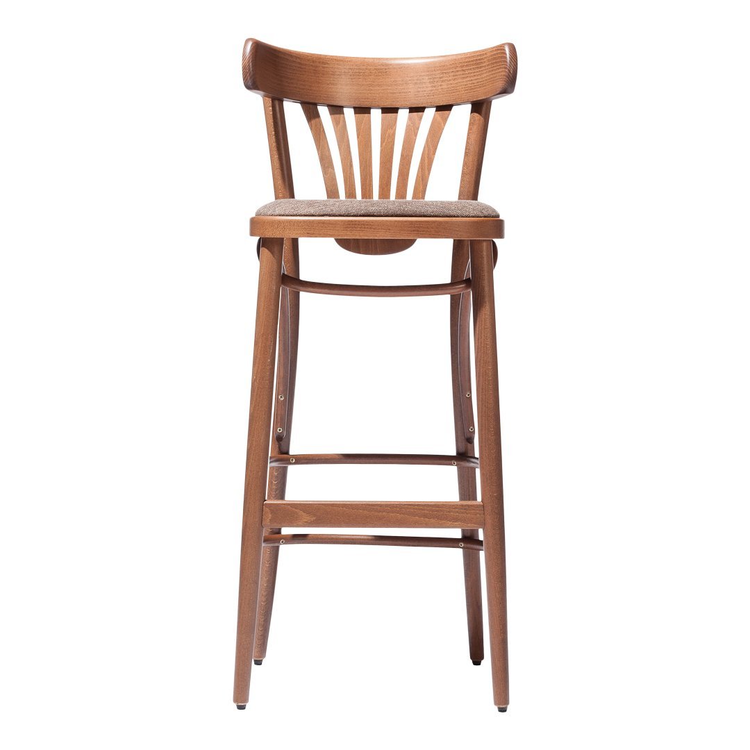 Natural wood bar stool with a light brown finish and classic slatted back design. Perfect for modern rustic decor.