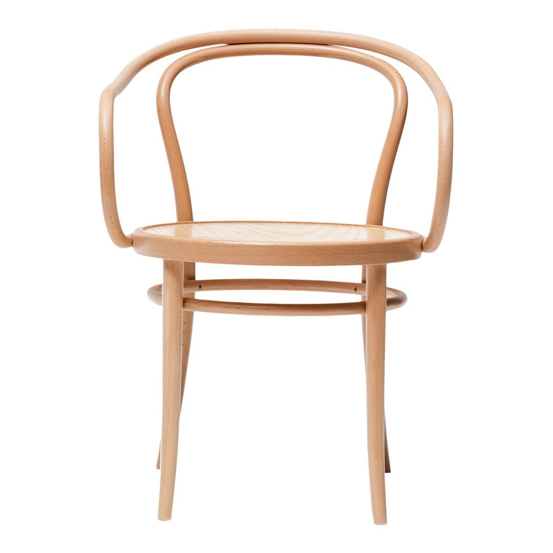 Light natural wood chair with a simple, curved design and a woven seat, showcasing a minimalist aesthetic.