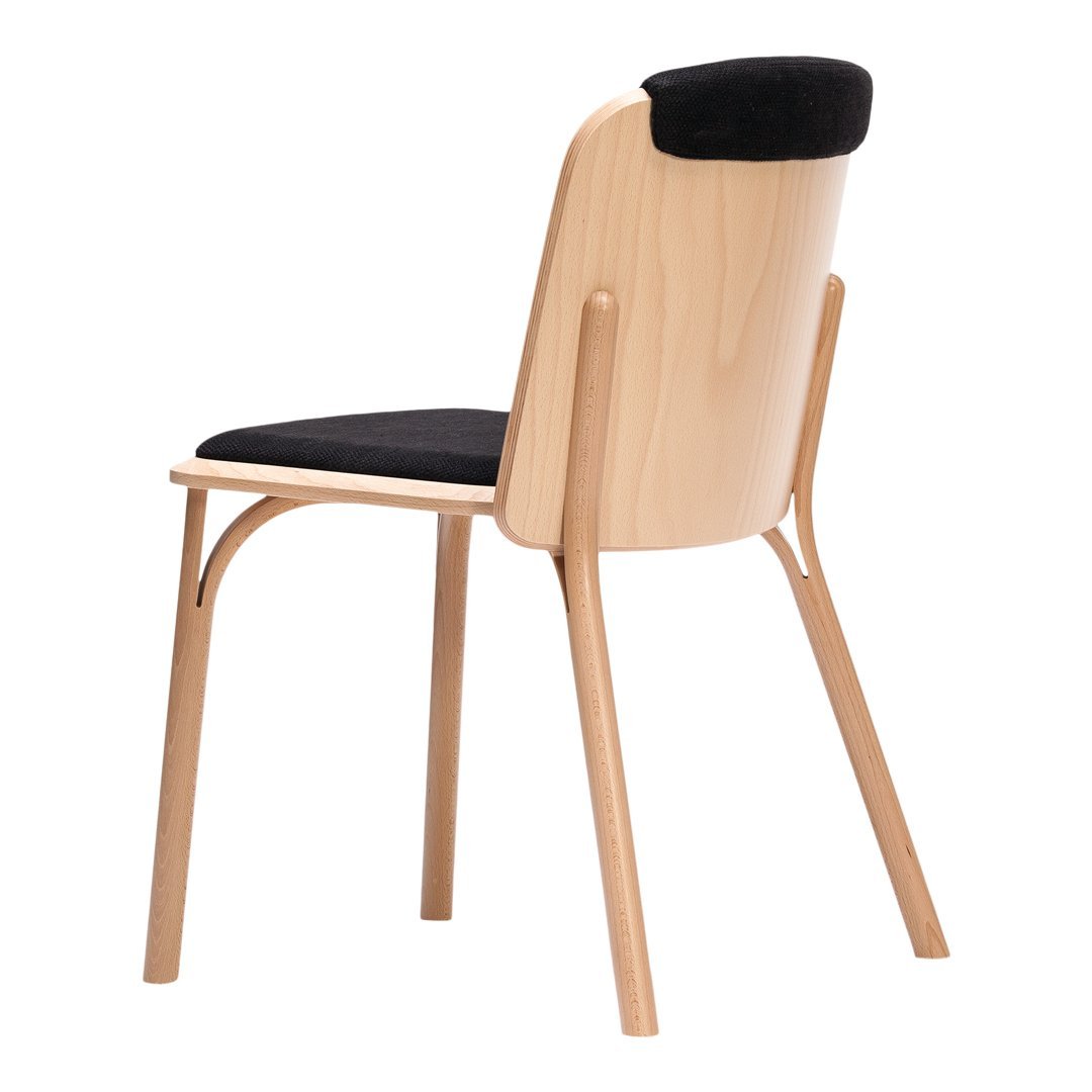 Wooden chair with a natural finish and black upholstered seat and backrest, featuring sleek, minimalist design.