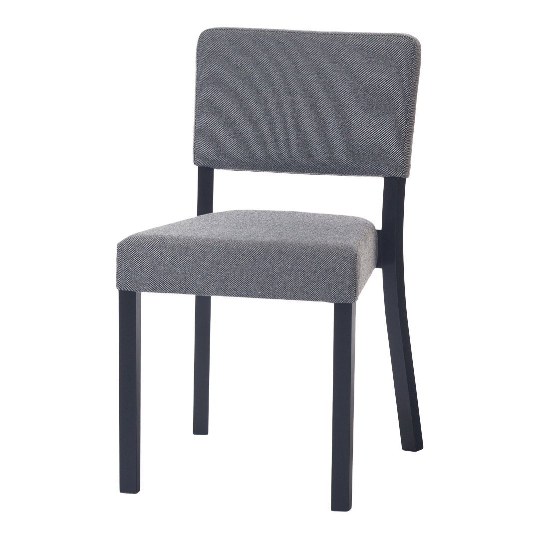 Gray upholstered chair with a sleek black frame, featuring a clean, minimalist design.