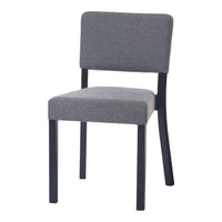 Gray upholstered chair with a sleek black frame, featuring a clean, minimalist design.