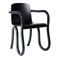 Black chair with iridescent, curved metal arms and legs, showcasing a sleek, modern design.