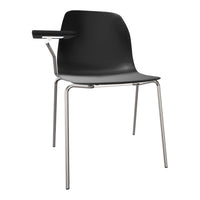 Black plastic chair with a sleek chrome frame and minimalist design. Modern style for any space.