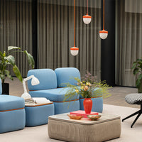 Blue sofas with orange accents, beige pouf with textured pattern, vibrant green plants, and colorful floral arrangement.